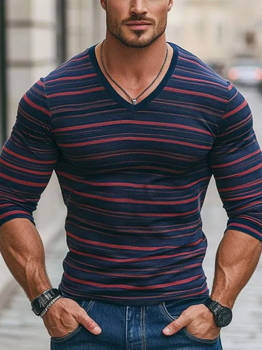 Men's Contrast Striped All-Match Casual V-Neck Long-Sleeved T-Shirt