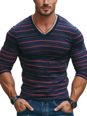 Men's Contrast Striped All-Match Casual V-Neck Long-Sleeved T-Shirt