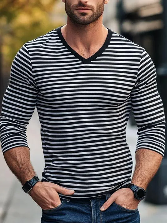 Men's Contrast Striped Casual V-Neck Long-Sleeved T-Shirt