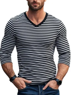 Men's Contrast Striped Casual V-Neck Long-Sleeved T-Shirt