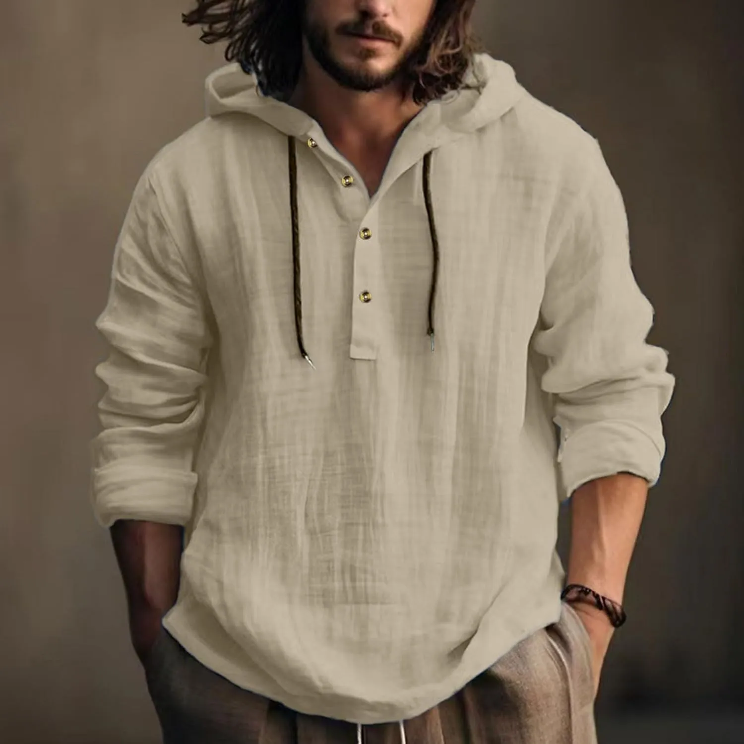 Mens Cotton Linen Hoodies Long Sleeve Casual Summer Beach Hippie Shirts with Hood V Neck Button Up Fishing T-Shirts