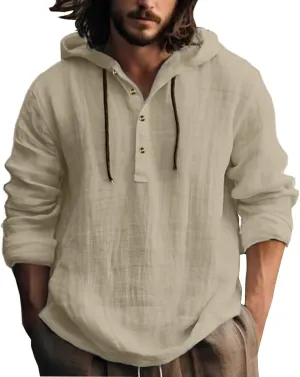 Mens Cotton Linen Hoodies Long Sleeve Casual Summer Beach Hippie Shirts with Hood V Neck Button Up Fishing T-Shirts