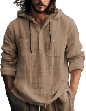 Mens Cotton Linen Shirts with Hooded Casual 3/4 Roll-Up Sleeve Summer Beach Hippie Shirt Lightweight Drying Tee Tops