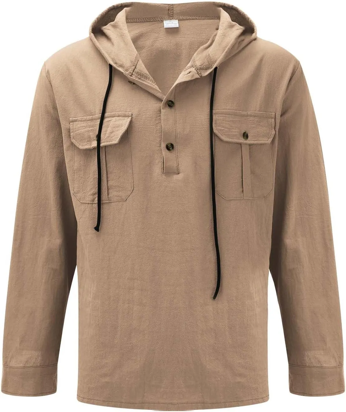 Mens Cotton Linen Shirts with Hooded Casual 3/4 Roll-Up Sleeve Summer Beach Hippie Shirt Lightweight Drying Tee Tops