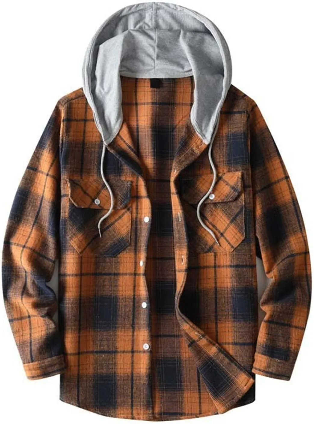 Mens Cotton Plaid Shirt Jacket Casual Flannel Button Down Hooded Shirt Soft Warm Outdoor Cotton Coat Top with Pocket