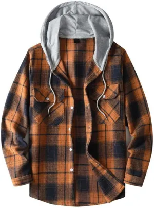 Mens Cotton Plaid Shirt Jacket Casual Flannel Button Down Hooded Shirt Soft Warm Outdoor Cotton Coat Top with Pocket