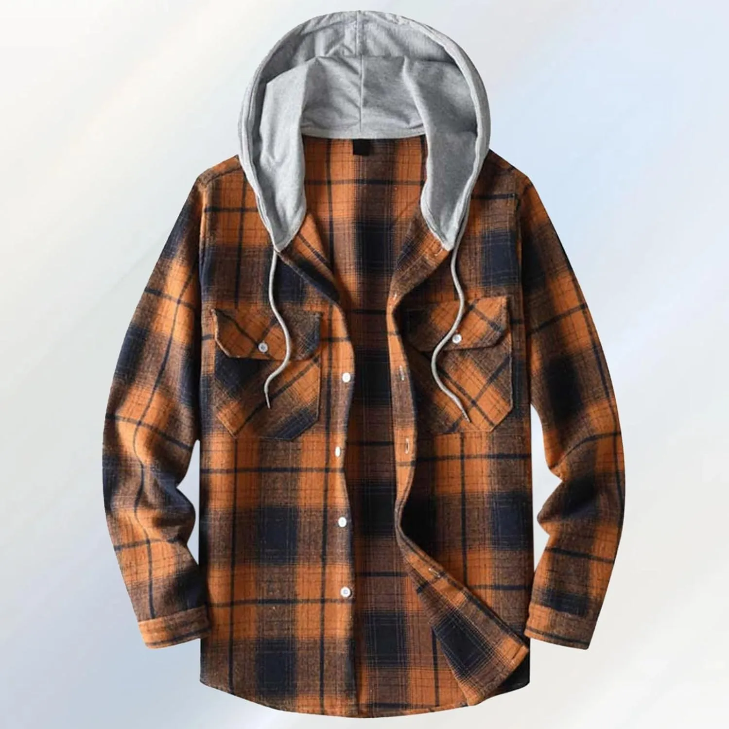 Mens Cotton Plaid Shirt Jacket Casual Flannel Button Down Hooded Shirt Soft Warm Outdoor Cotton Coat Top with Pocket