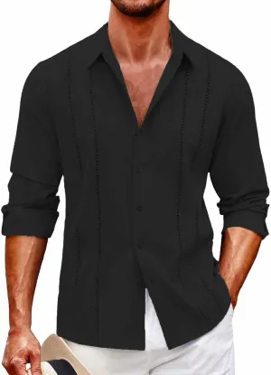 Men's Cuban Guayabera Shirt Casual Long Sleeve Button Down Shirts Lightweight Loose Summer Hawaiian Beach Vacation Top