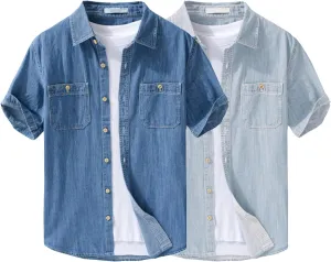 Men's Denim Shirts Lightweight Short Sleeve Button Down Shirts Casual Stylish Cotton Shirt with Pockets