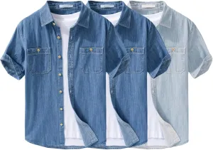 Men's Denim Shirts Lightweight Short Sleeve Button Down Shirts Casual Stylish Cotton Shirt with Pockets