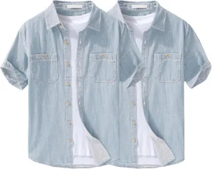 Men's Denim Shirts Lightweight Short Sleeve Button Down Shirts Casual Stylish Cotton Shirt with Pockets