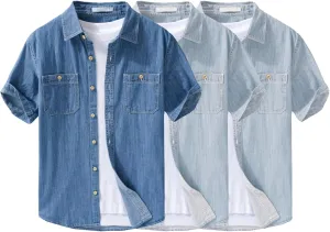 Men's Denim Shirts Lightweight Short Sleeve Button Down Shirts Casual Stylish Cotton Shirt with Pockets