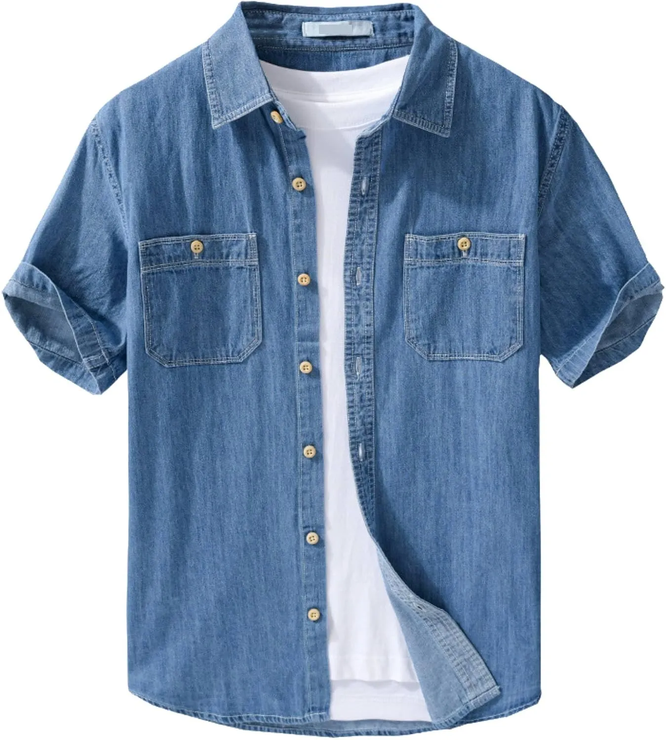 Men's Denim Shirts Lightweight Short Sleeve Button Down Shirts Casual Stylish Cotton Shirt with Pockets