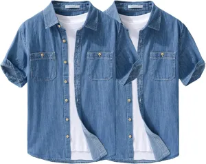 Men's Denim Shirts Lightweight Short Sleeve Button Down Shirts Casual Stylish Cotton Shirt with Pockets