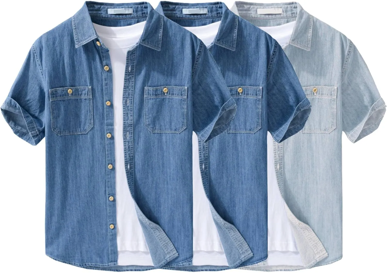 Men's Denim Shirts Lightweight Short Sleeve Button Down Shirts Casual Stylish Cotton Shirt with Pockets