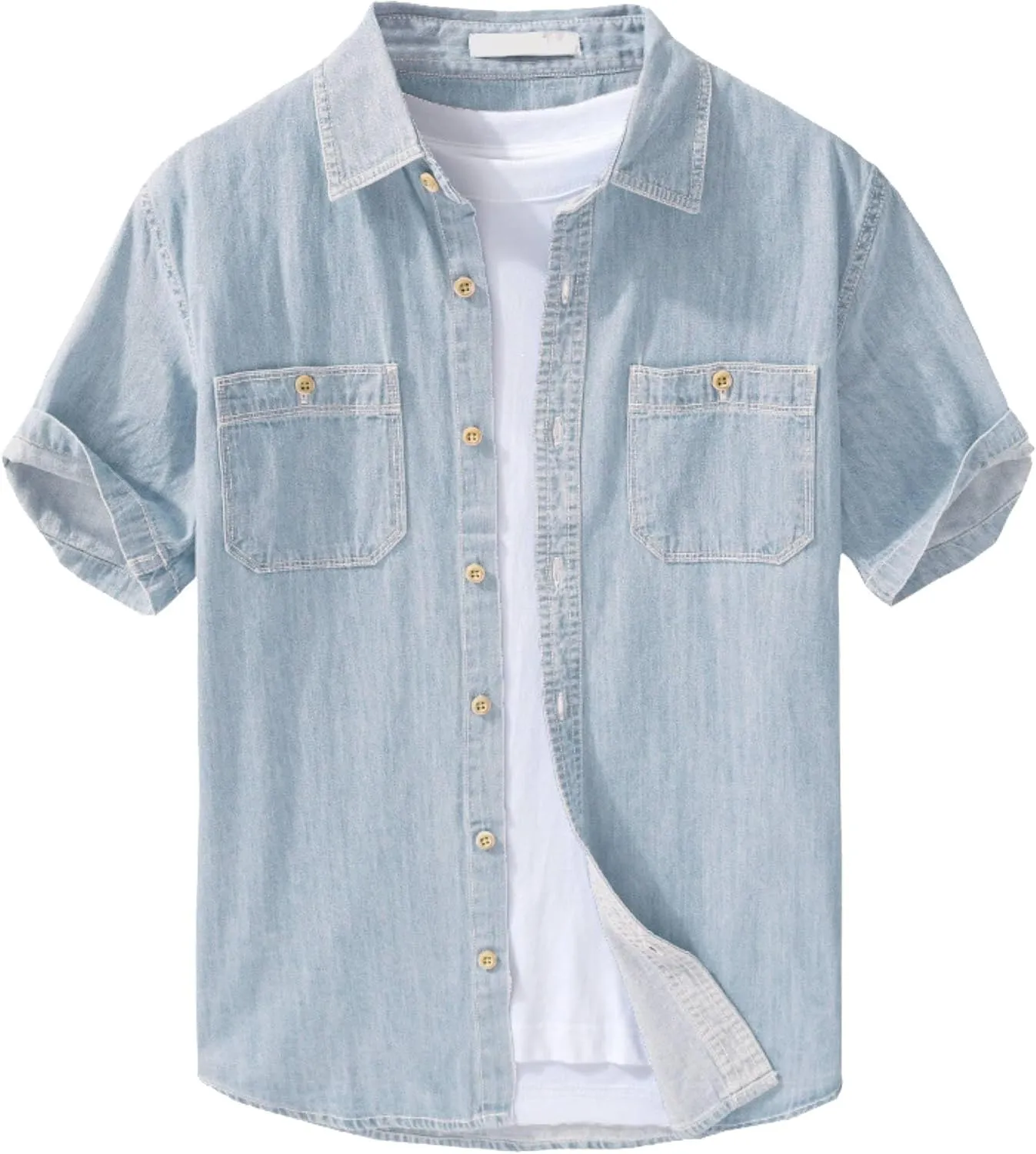 Men's Denim Shirts Lightweight Short Sleeve Button Down Shirts Casual Stylish Cotton Shirt with Pockets