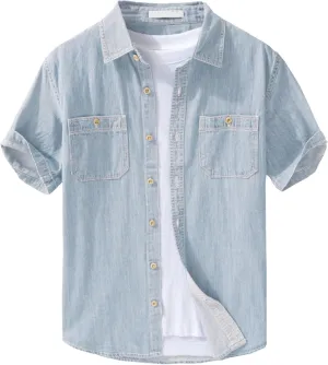Men's Denim Shirts Lightweight Short Sleeve Button Down Shirts Casual Stylish Cotton Shirt with Pockets
