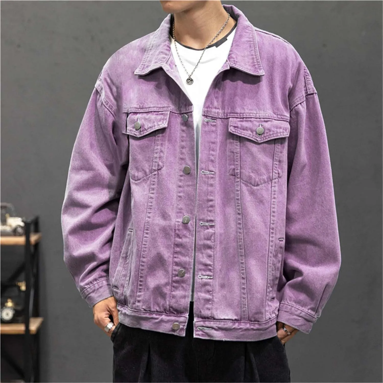 Mens Fashion Denim Jackets Casual Loose Fit Button Down Denim Trucker Jackets Long Sleeve Distressed Cowboys Jacket