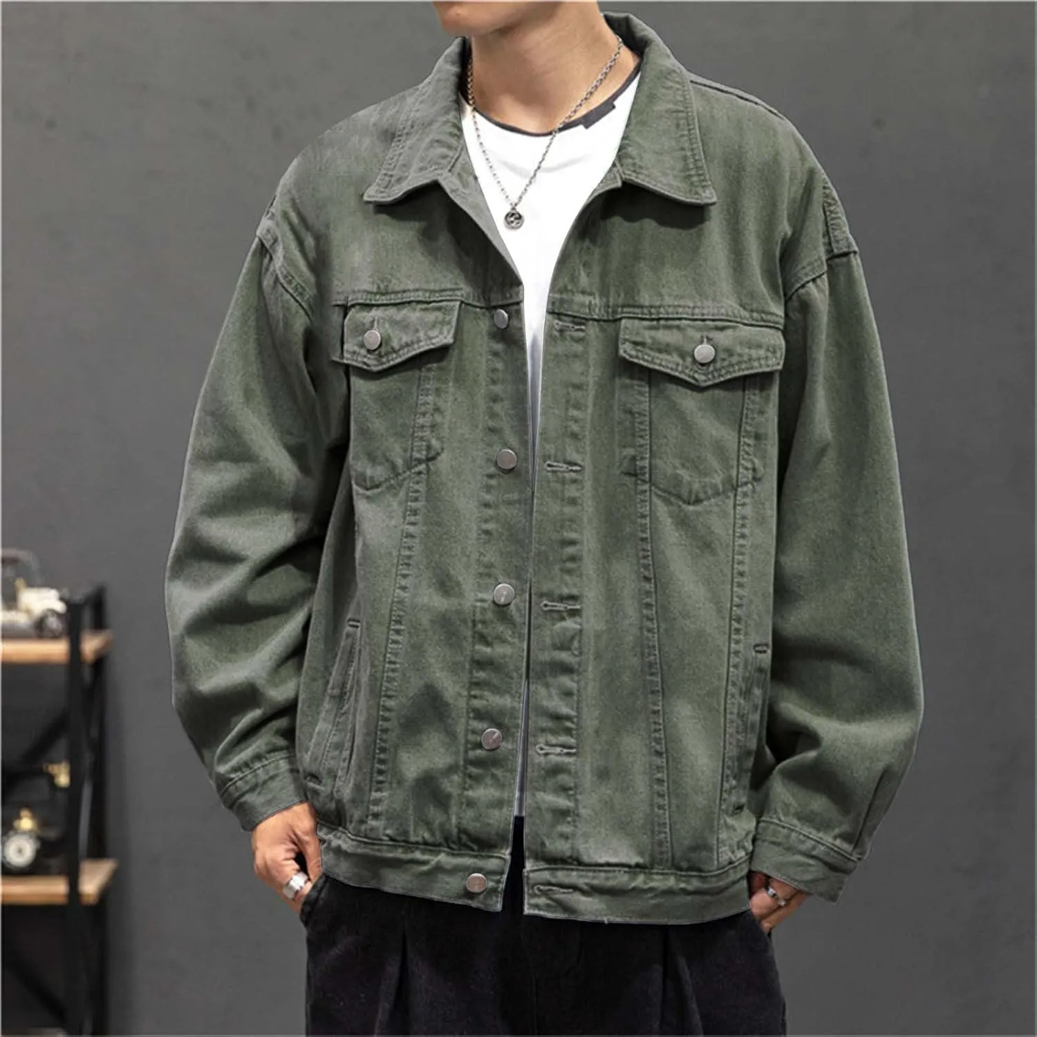 Mens Fashion Denim Jackets Casual Loose Fit Button Down Denim Trucker Jackets Long Sleeve Distressed Cowboys Jacket