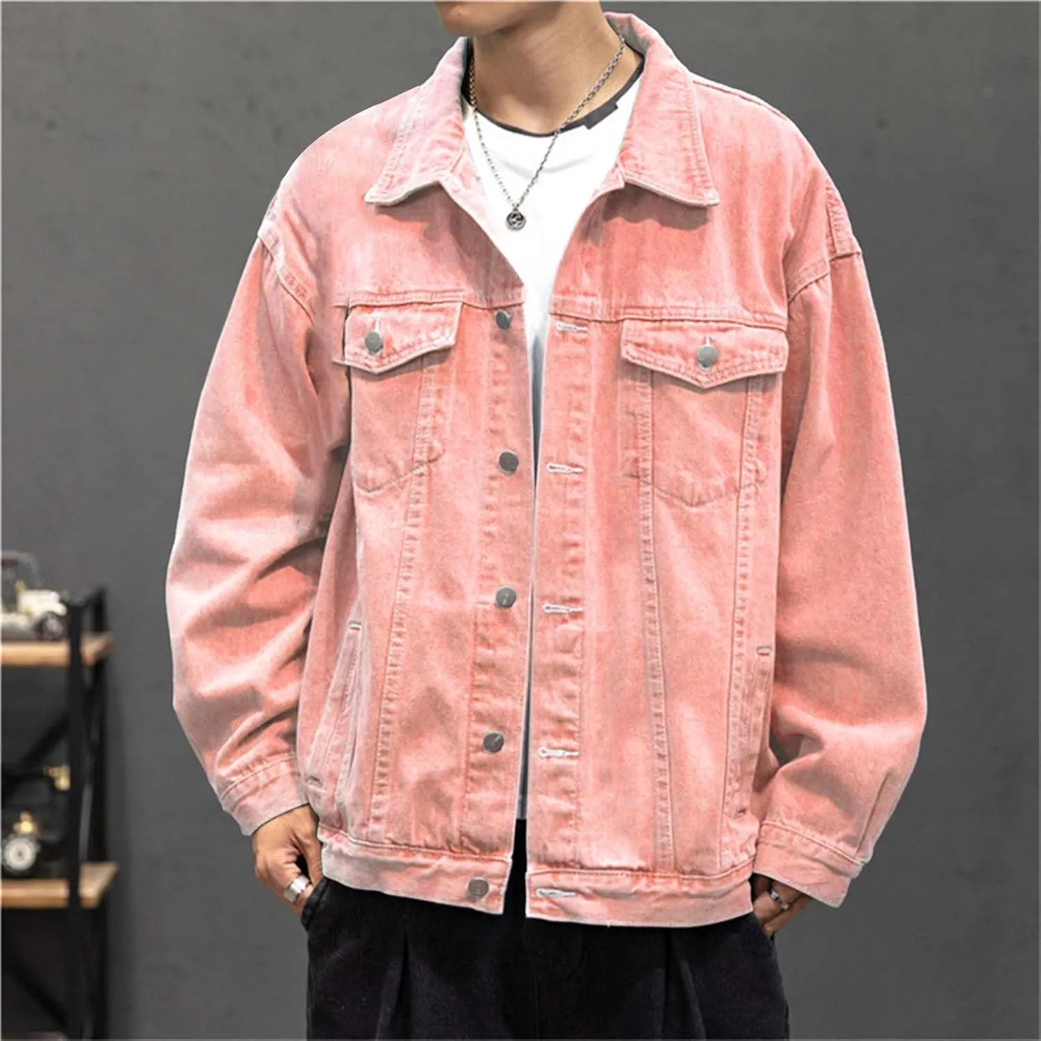 Mens Fashion Denim Jackets Casual Loose Fit Button Down Denim Trucker Jackets Long Sleeve Distressed Cowboys Jacket