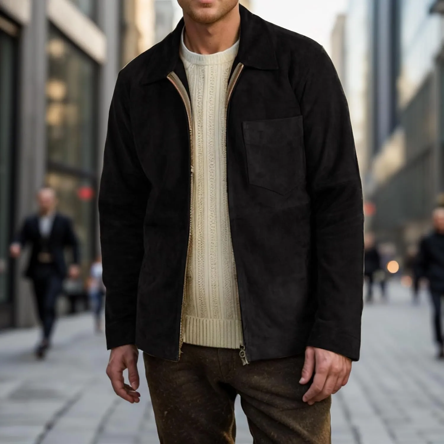 Mens Fleece Slim Fit Jacket Lapel Collar Full Zip Up Windbreaker Outwear with Pocket for Outdoor Hiking and Travel