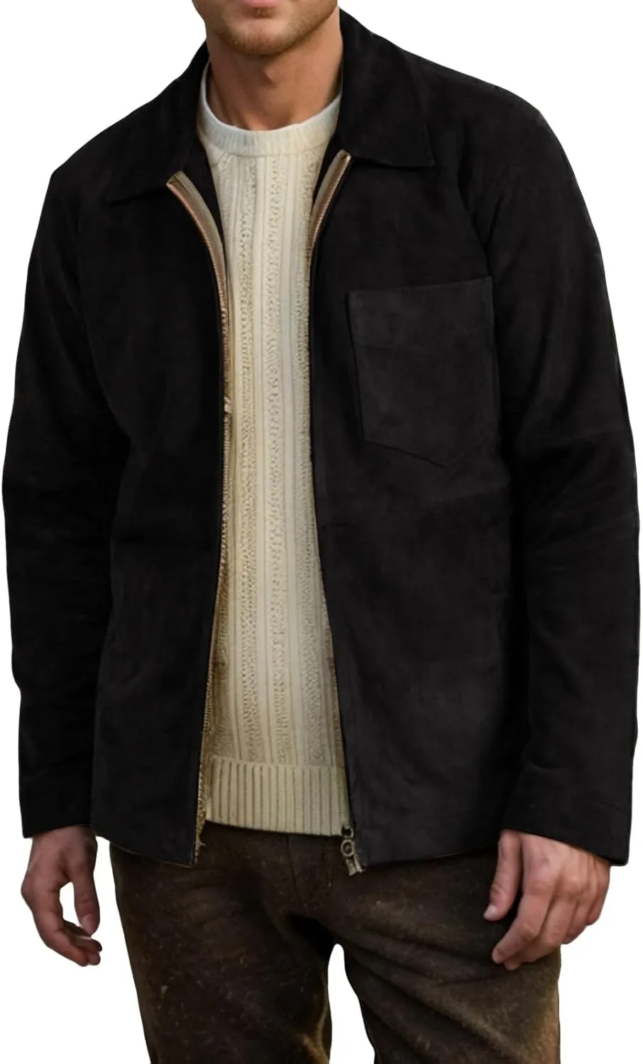Mens Fleece Slim Fit Jacket Lapel Collar Full Zip Up Windbreaker Outwear with Pocket for Outdoor Hiking and Travel