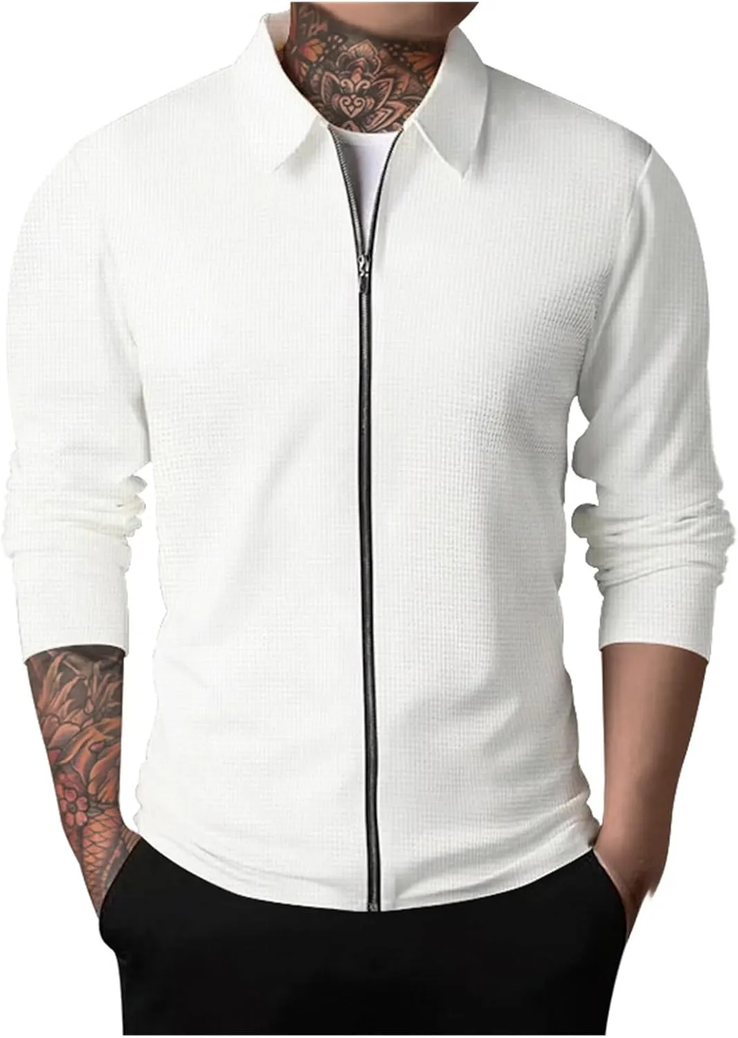 Mens Full Zip Cardigan Solid Color Long Sleeve Waffle Jackets Slim Fit Track Lightweight Jacket Coat Work Golf Outwear