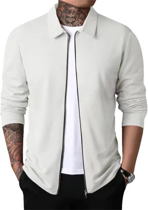 Mens Full Zip Cardigan Solid Color Long Sleeve Waffle Jackets Slim Fit Track Lightweight Jacket Coat Work Golf Outwear