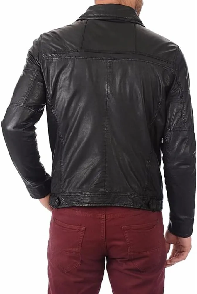 Men's Genuine Lambskin Bomber Motorbike Leather Jacket Moto Racing Slim Multi Pocket Lay Down Collar Black Biker Coat
