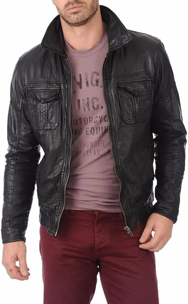 Men's Genuine Lambskin Bomber Motorbike Leather Jacket Moto Racing Slim Multi Pocket Lay Down Collar Black Biker Coat