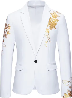 Men's Gold Embroidery Blazer Notched Lapel One Button Tuxedo Dress Suit Jackets Formal Party Prom Dinner Sports Coat