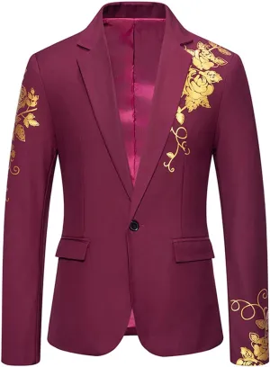 Men's Gold Embroidery Blazer Notched Lapel One Button Tuxedo Dress Suit Jackets Formal Party Prom Dinner Sports Coat