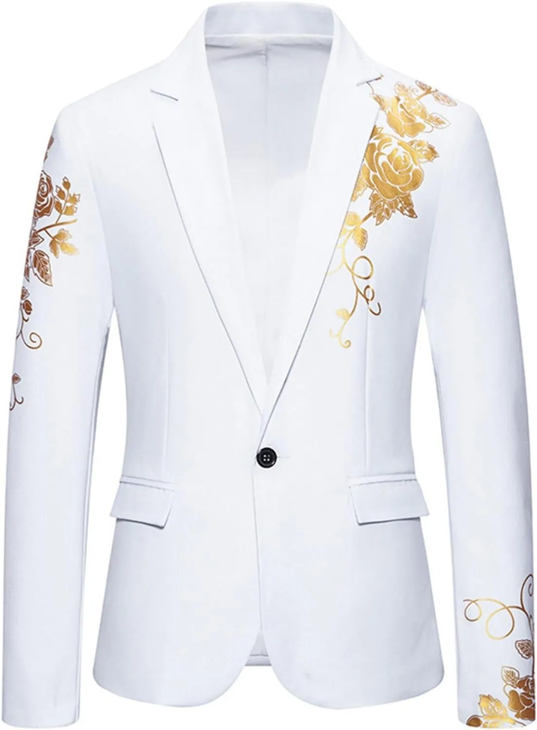Men's Gold Embroidery Blazer Notched Lapel One Button Tuxedo Dress Suit Jackets Formal Party Prom Dinner Sports Coat
