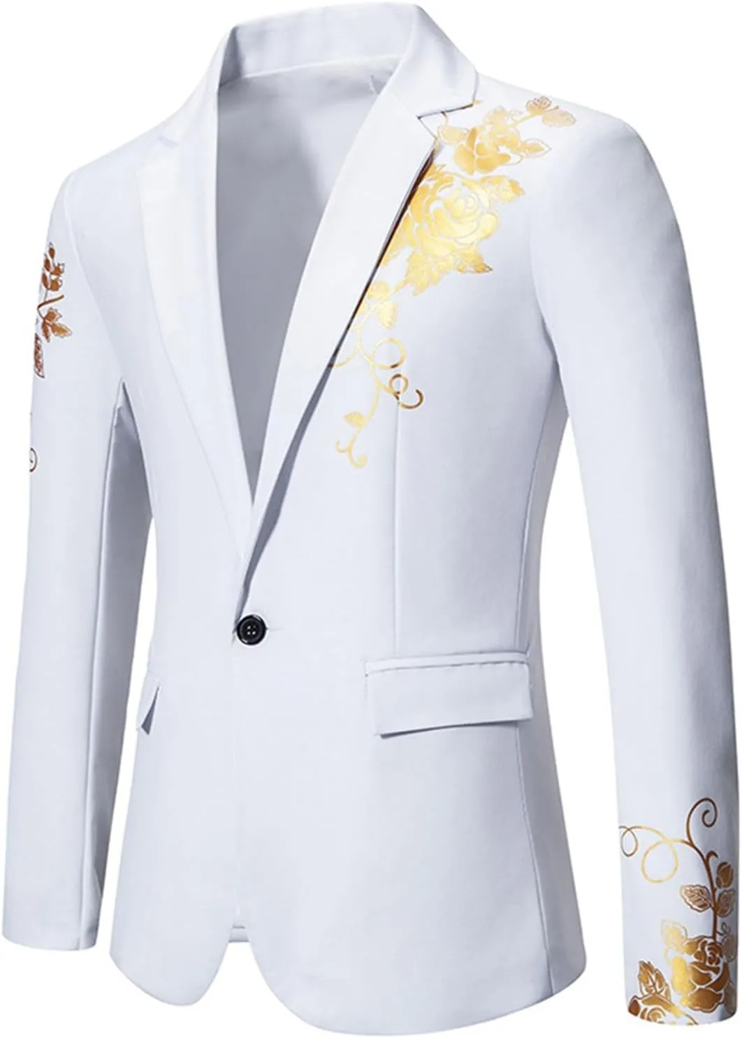 Men's Gold Embroidery Blazer Notched Lapel One Button Tuxedo Dress Suit Jackets Formal Party Prom Dinner Sports Coat