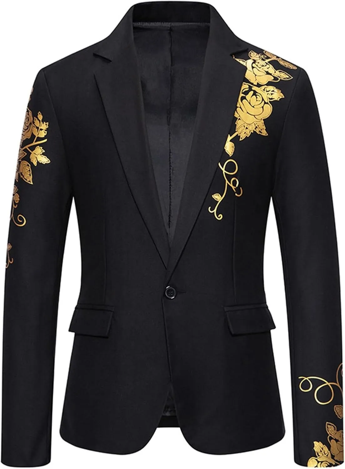 Men's Gold Embroidery Blazer Notched Lapel One Button Tuxedo Dress Suit Jackets Formal Party Prom Dinner Sports Coat
