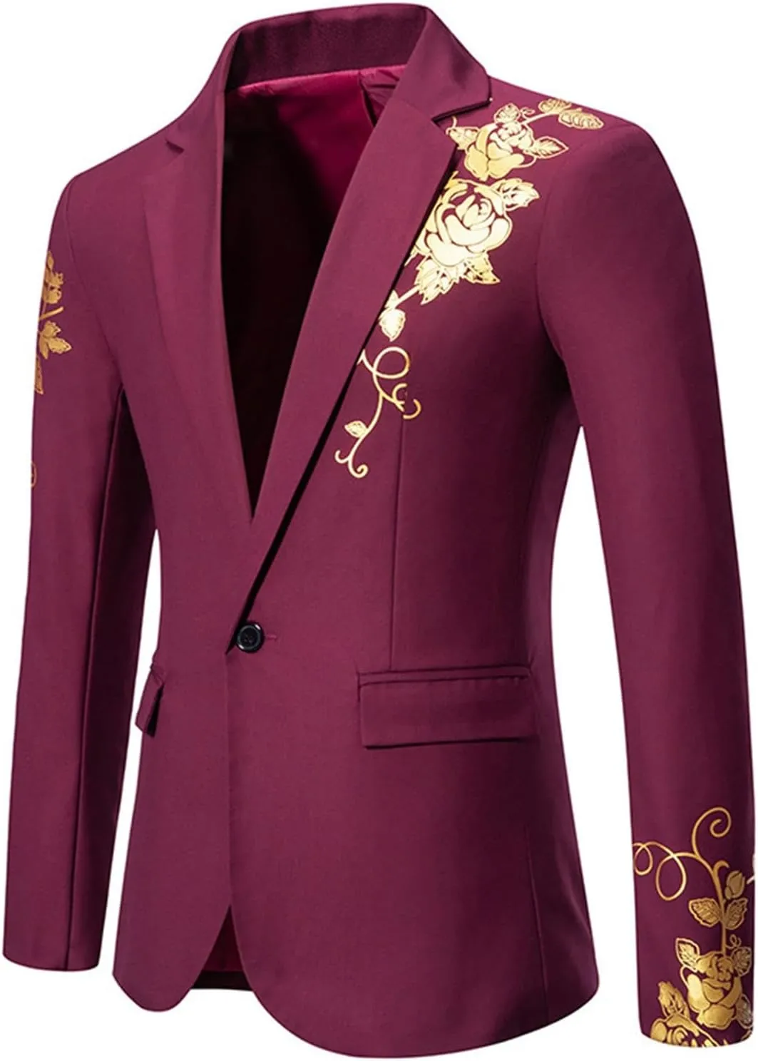 Men's Gold Embroidery Blazer Notched Lapel One Button Tuxedo Dress Suit Jackets Formal Party Prom Dinner Sports Coat