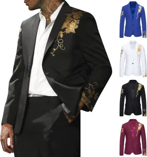 Men's Gold Embroidery Blazer Notched Lapel One Button Tuxedo Dress Suit Jackets Formal Party Prom Dinner Sports Coat