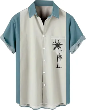 Men's Hawaiian Shirts Summer Palm Print Short Sleeve Button Down Bowling Shirt Trendy Business Office Smart Formal Top