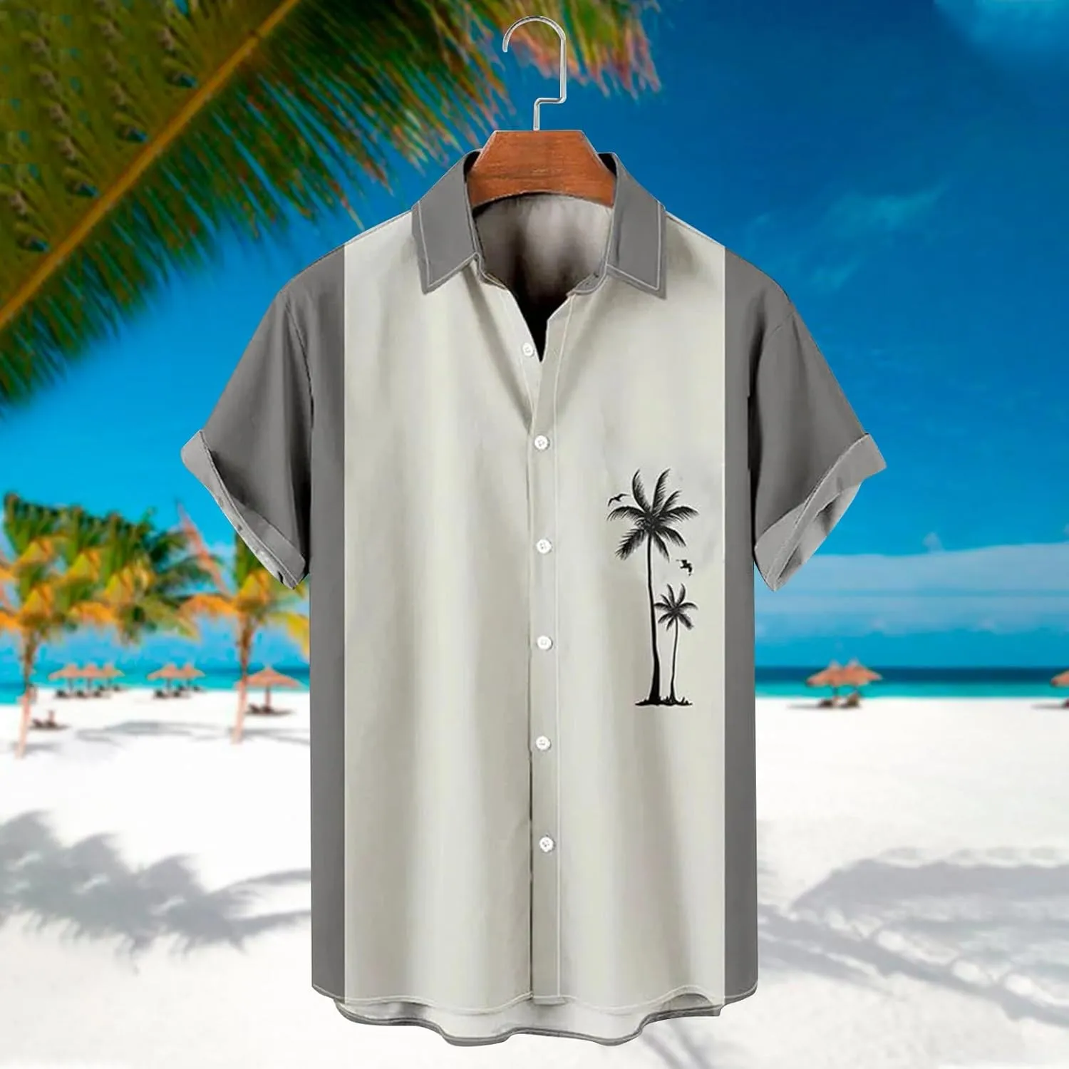 Men's Hawaiian Shirts Summer Palm Print Short Sleeve Button Down Bowling Shirt Trendy Business Office Smart Formal Top