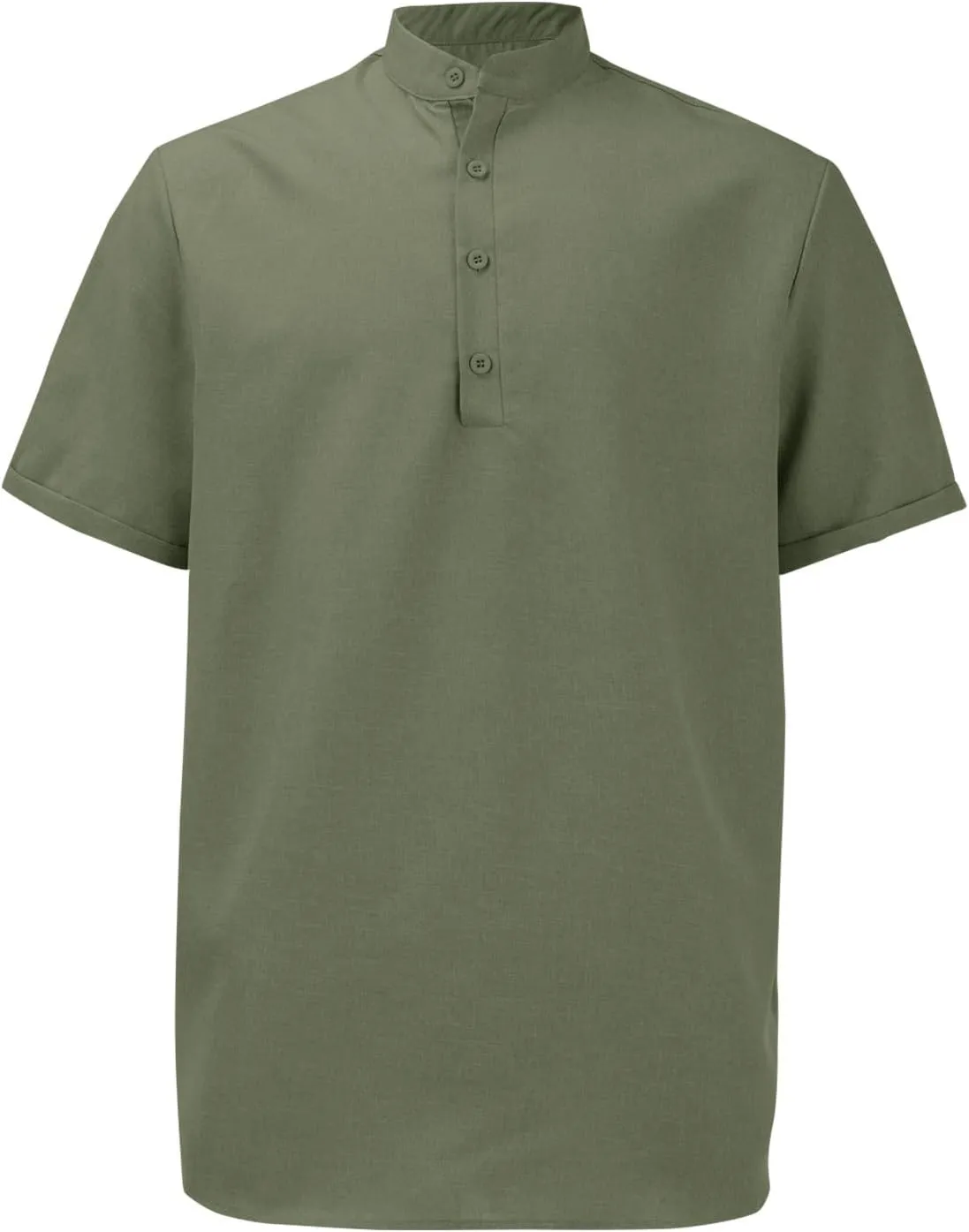 Men's Henley Shirts Linen Summer Short Sleeve Beach Tee Shirt Lightweight Solid Color Stand Collar Dress Work T-Shirts