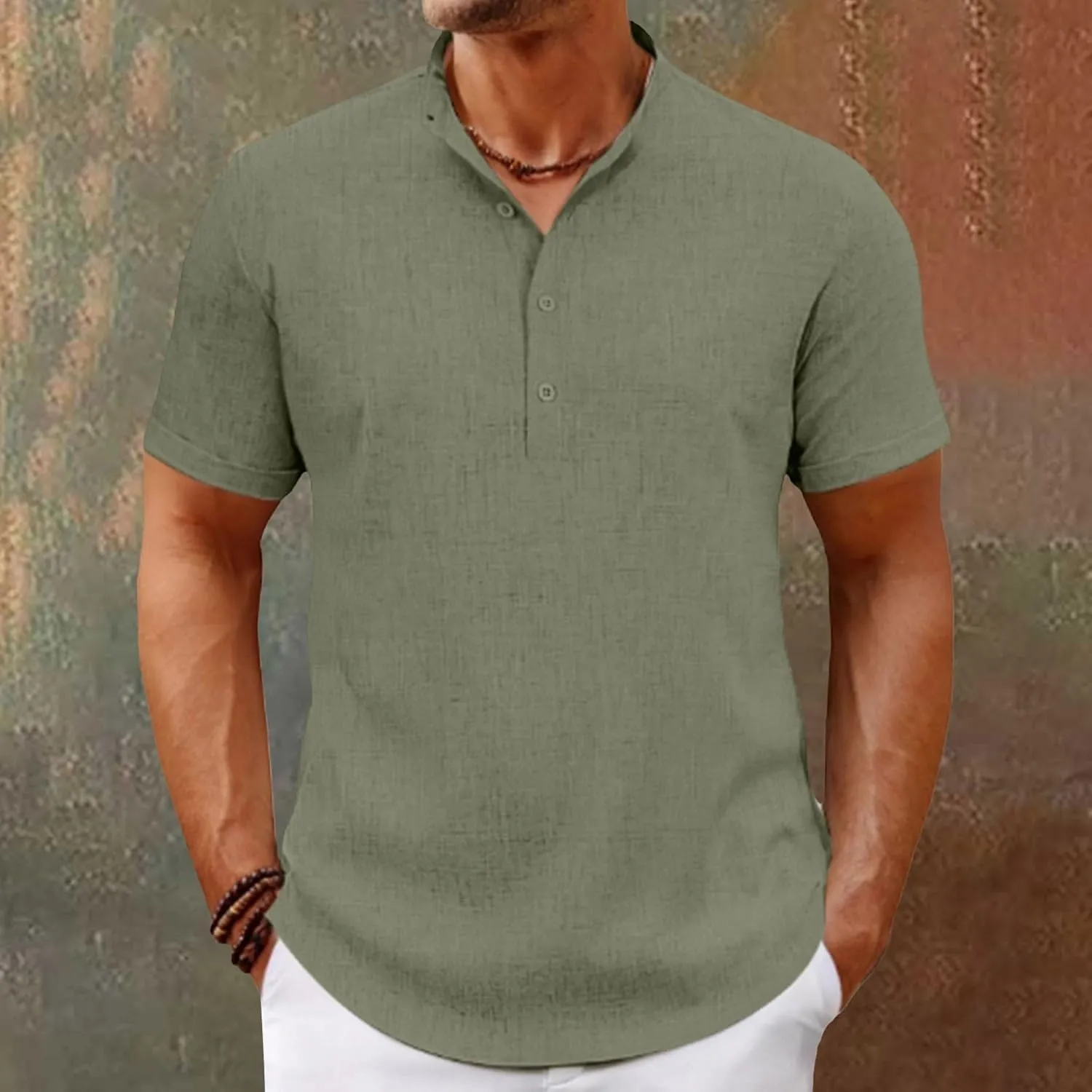 Men's Henley Shirts Linen Summer Short Sleeve Beach Tee Shirt Lightweight Solid Color Stand Collar Dress Work T-Shirts