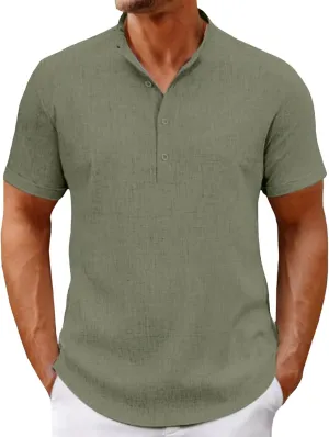Men's Henley Shirts Linen Summer Short Sleeve Beach Tee Shirt Lightweight Solid Color Stand Collar Dress Work T-Shirts