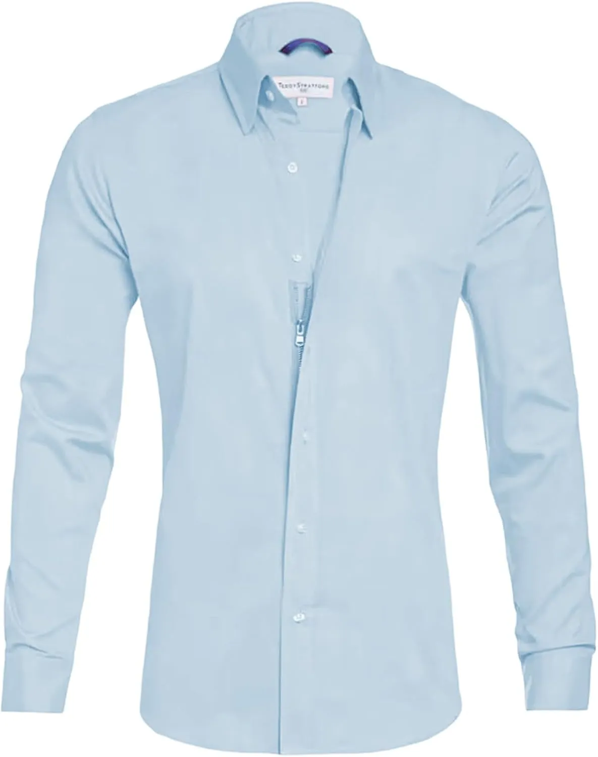 Mens Hidden Zipper Dress Shirt Long Sleeve Faux Button Slim Fit Wrinkle Resistant Suit Shirt Office Wedding Formal Top