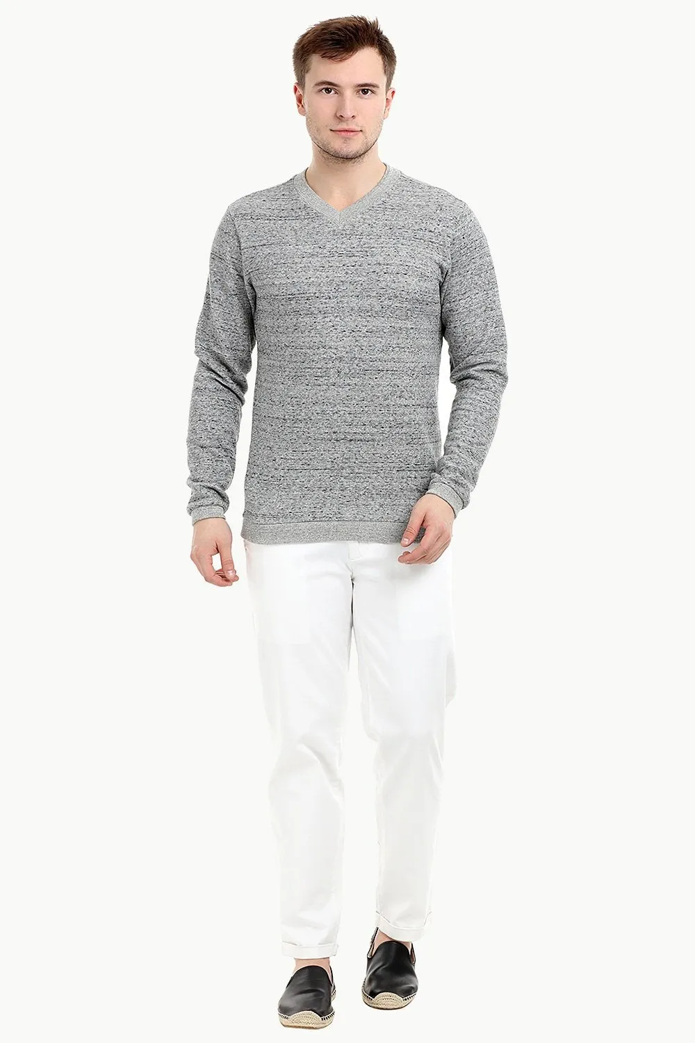 Men's Knit Sports Grey V-Neck Sweatshirt