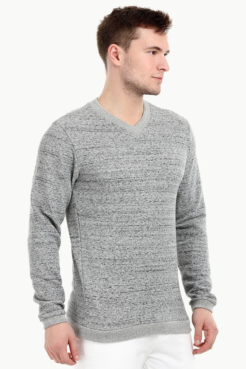 Men's Knit Sports Grey V-Neck Sweatshirt