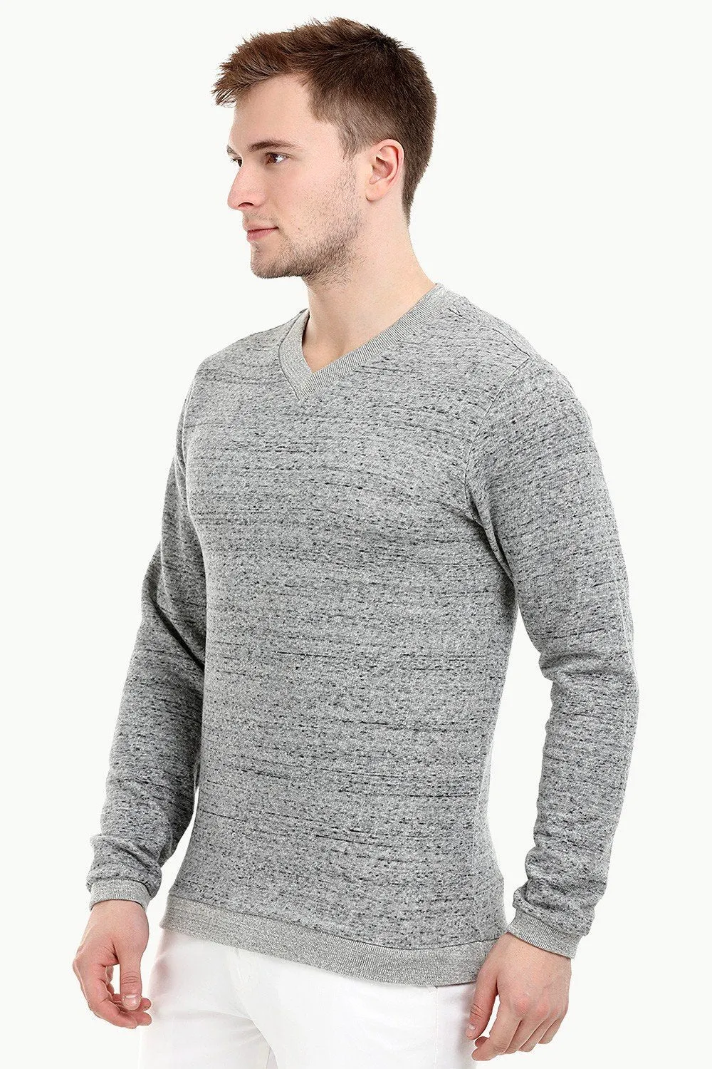 Men's Knit Sports Grey V-Neck Sweatshirt