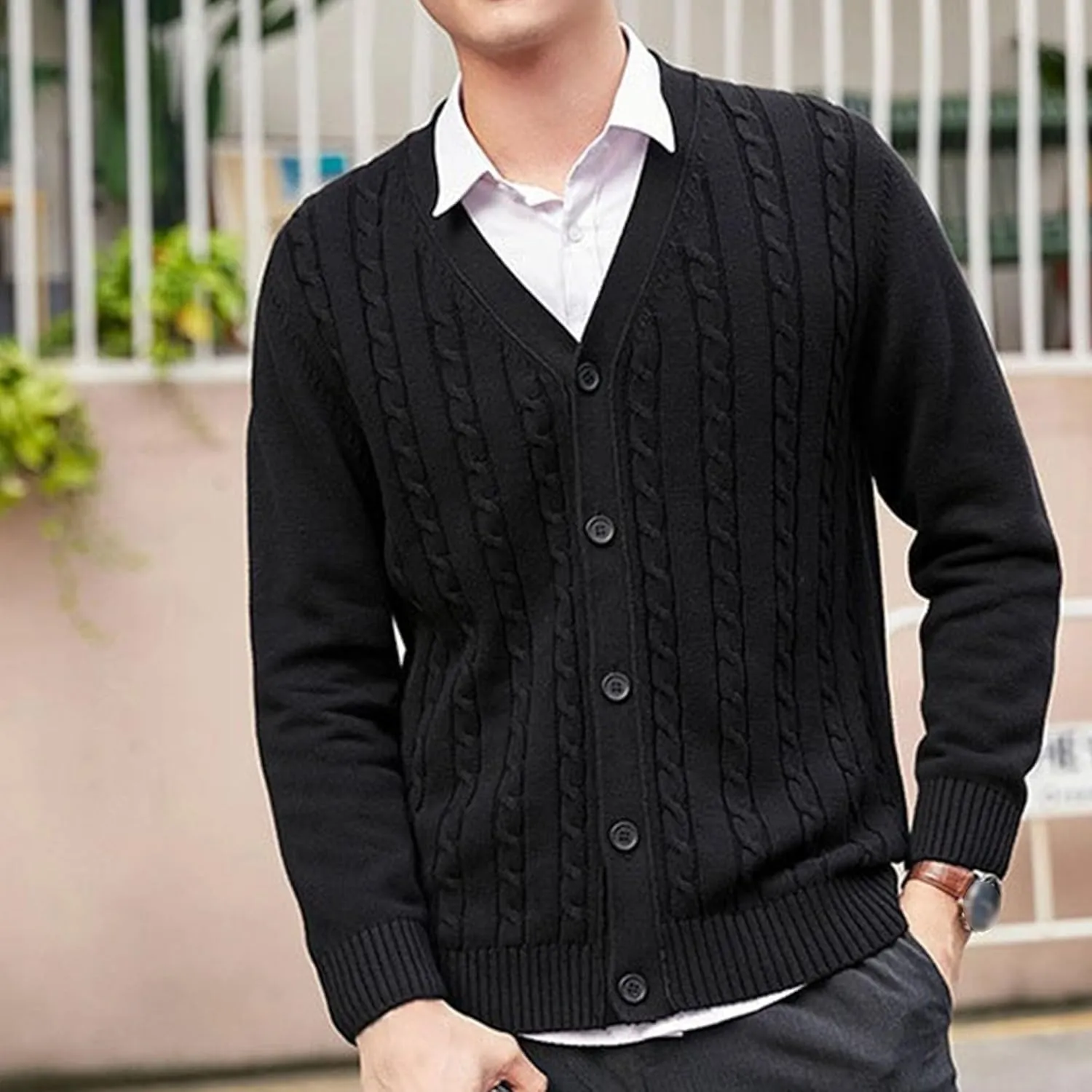 Men's Knitted Ribbed V Neck Sweater Cardigan Button Up Regular Fit Sweater Ribbed Long Sleeve Casual Sweaters