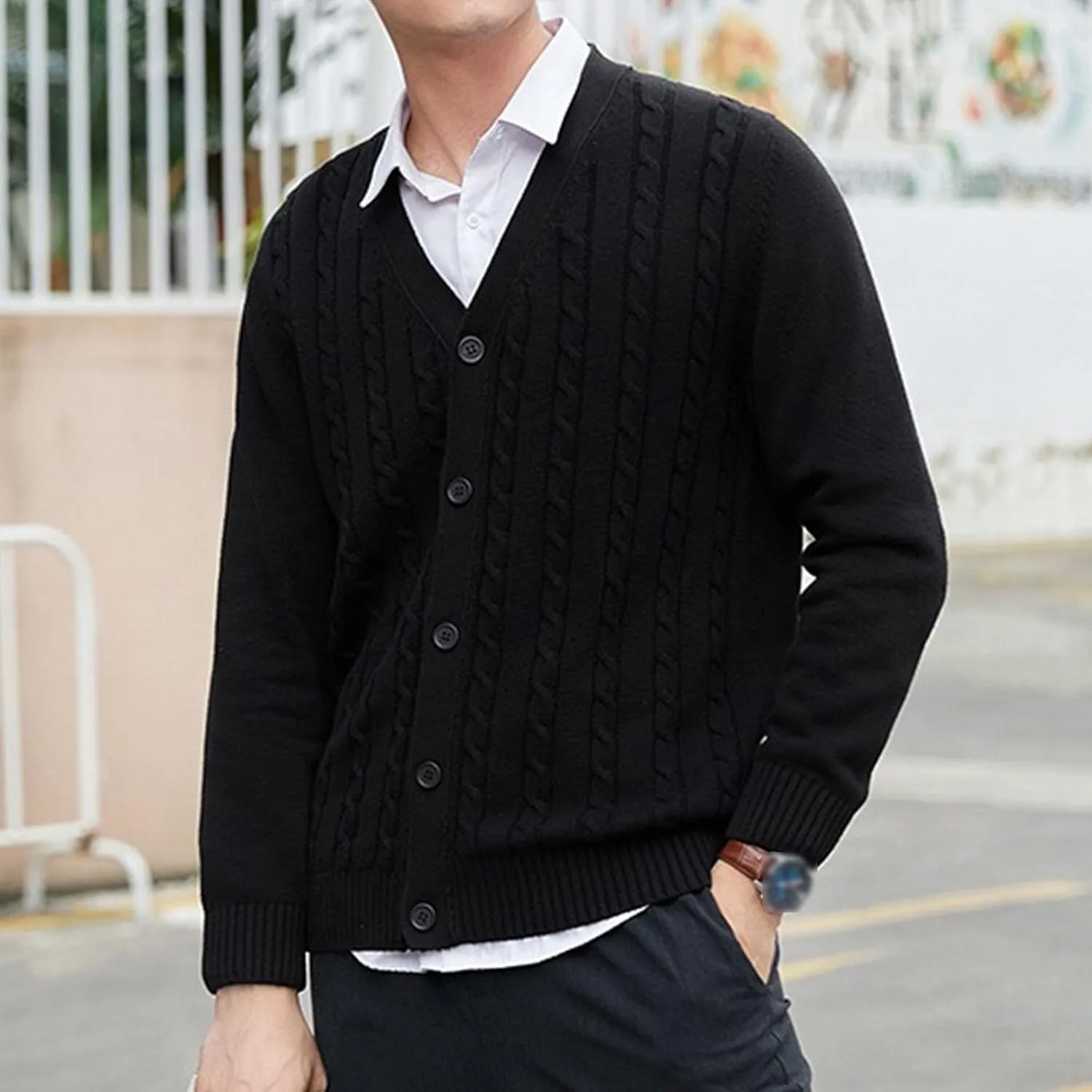 Men's Knitted Ribbed V Neck Sweater Cardigan Button Up Regular Fit Sweater Ribbed Long Sleeve Casual Sweaters
