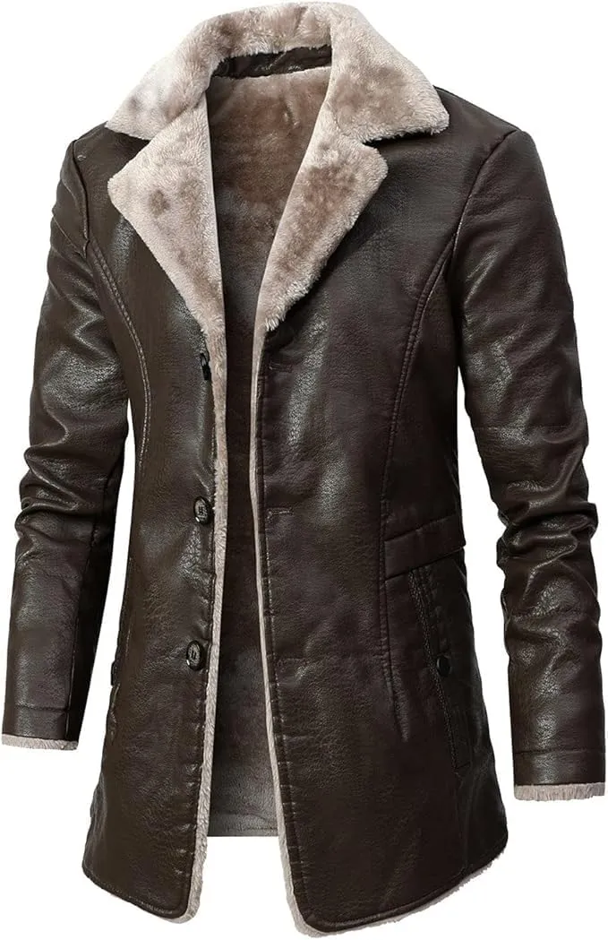 Men's leather jacket 3/4 length imitation fur coat warm winter long PU leather jacket lined with dustproof trench coat