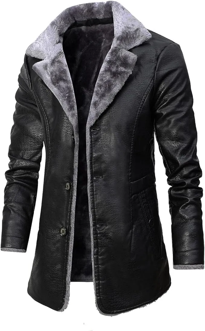 Men's leather jacket 3/4 length imitation fur coat warm winter long PU leather jacket lined with dustproof trench coat